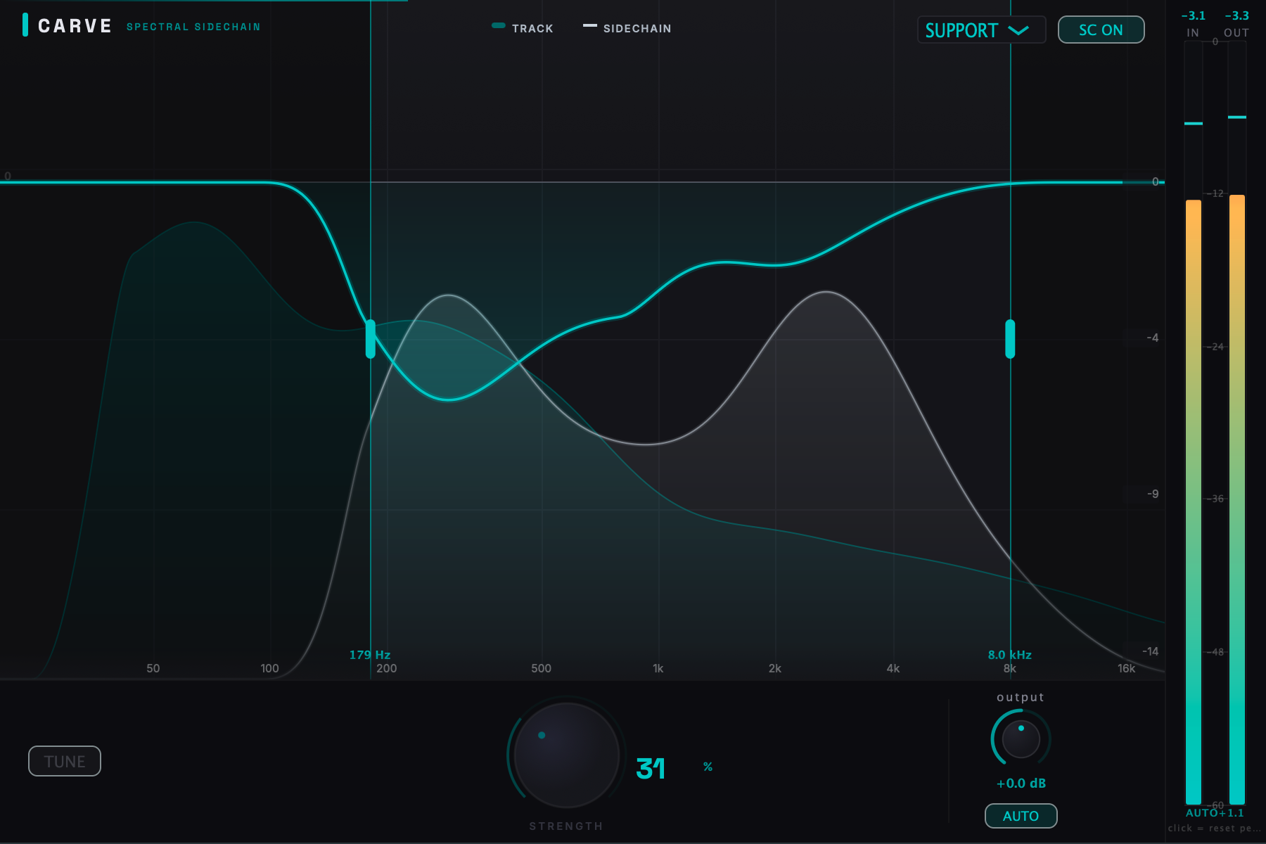 The CARVE plugin — spectral sidechain analyzer showing the beat, the vocal trigger, and the carved pocket